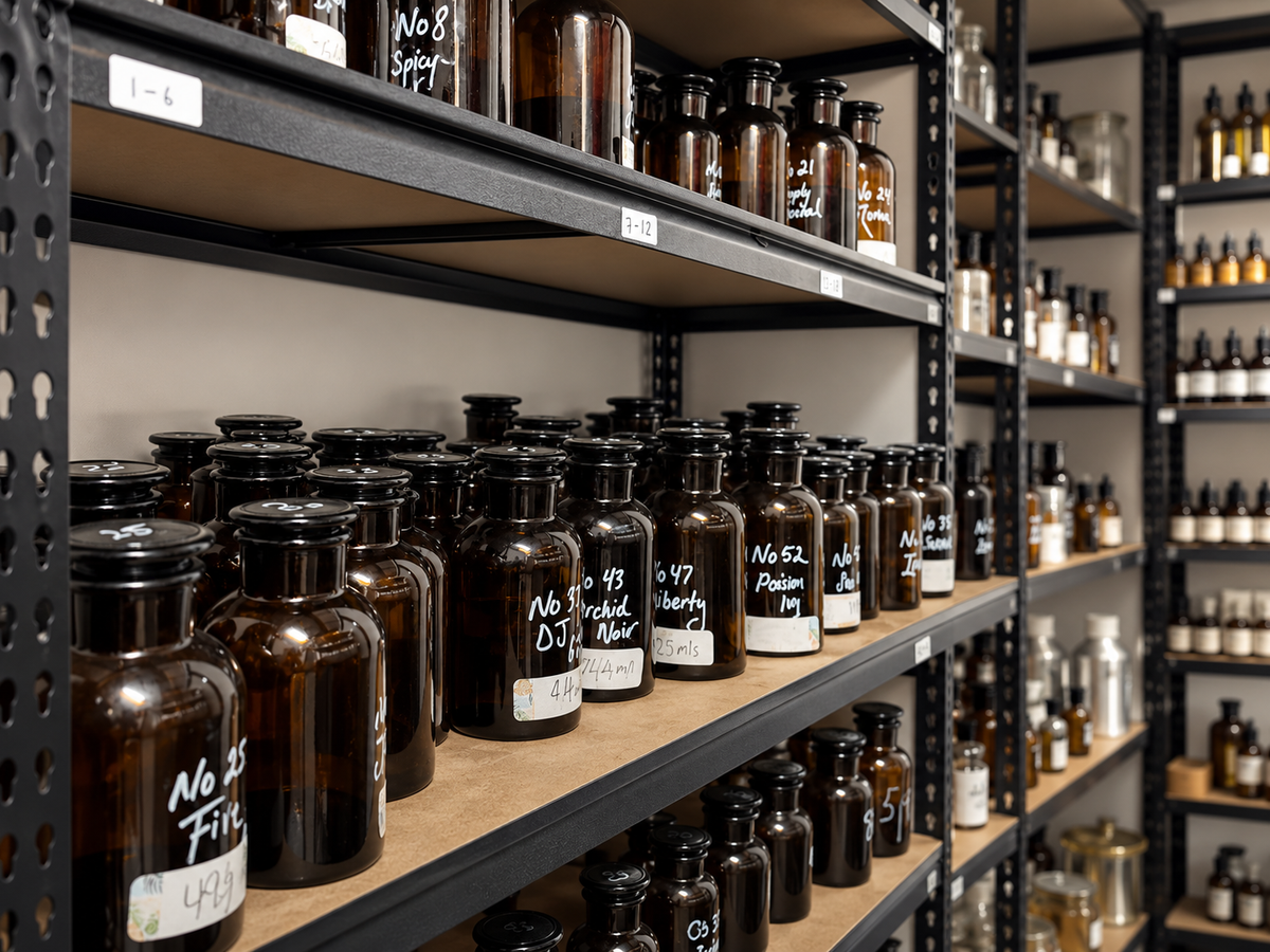 Shelves of fragrance materials and scent bottles in the LeScent Sydney archive.