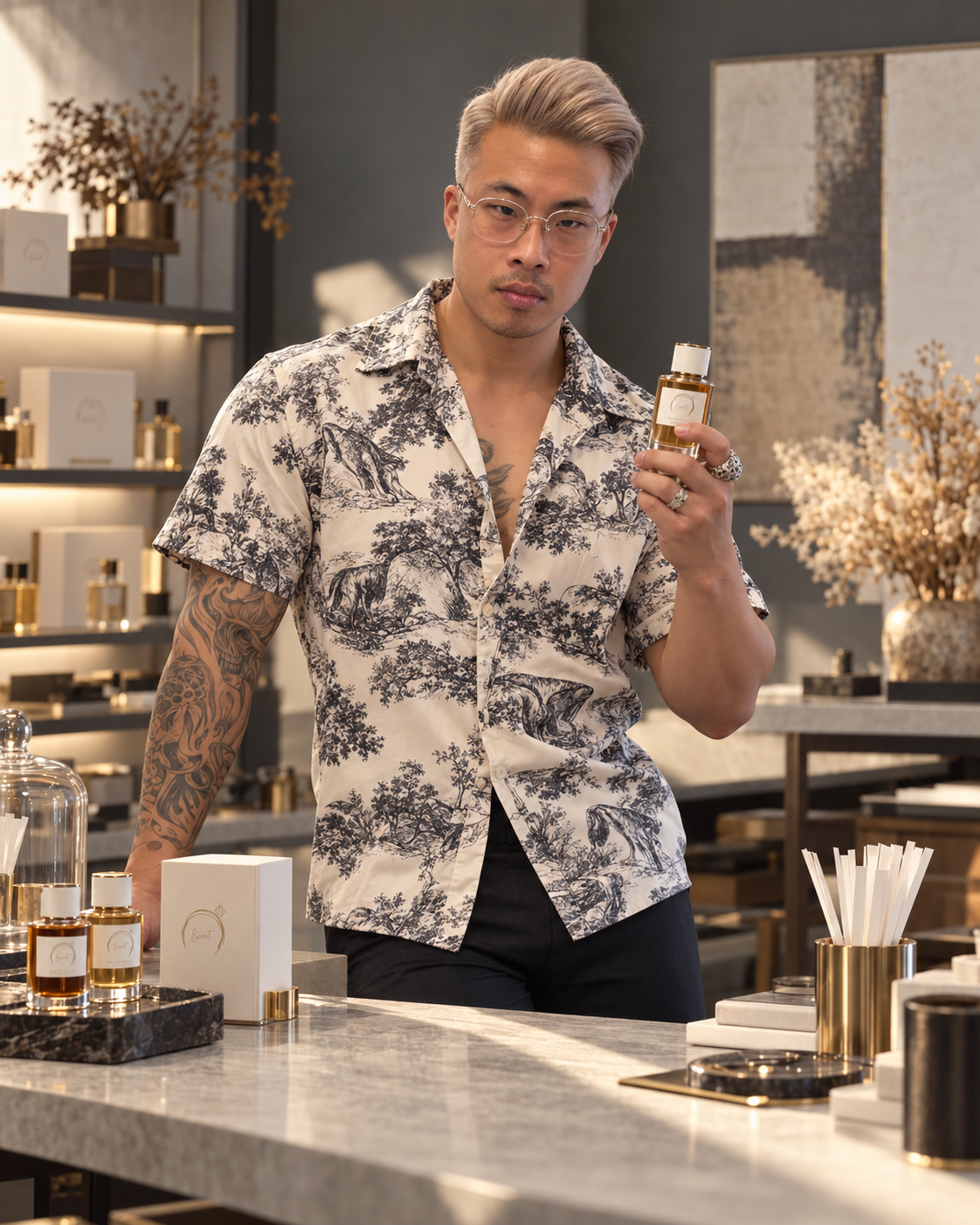 LeScent founder Khanh at a fragrance workbench holding a perfume bottle in the Sydney studio.