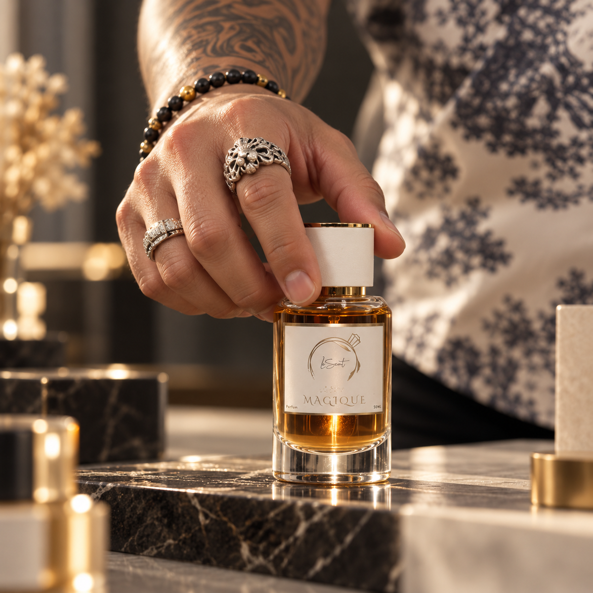 Close-up of a LeScent fragrance bottle being handled during preparation in Sydney.