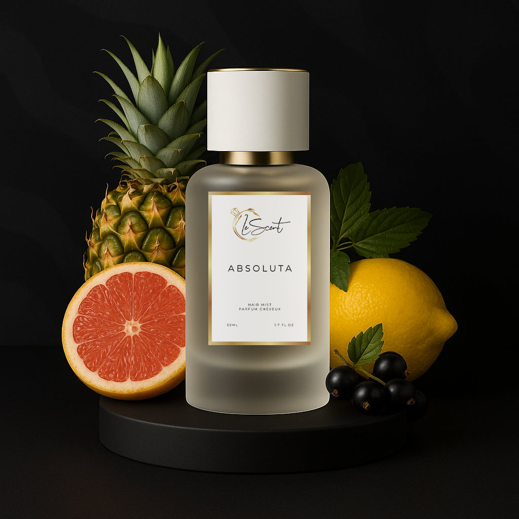 LeScent Absoluta hair perfume mist bottle surrounded by citrus fruits, pineapple, blackcurrant, and green leaves against a matte black background, inspired by Creed Aventus Absolu.