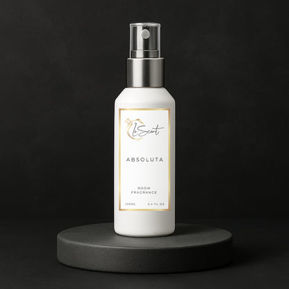 LeScent Absoluta room fragrance spray bottle placed on a black pedestal with clean modern lighting, inspired by Creed Aventus Absolu.