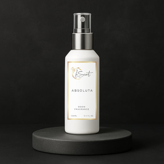 LeScent Absoluta room fragrance spray bottle placed on a black pedestal with clean modern lighting, inspired by Creed Aventus Absolu.