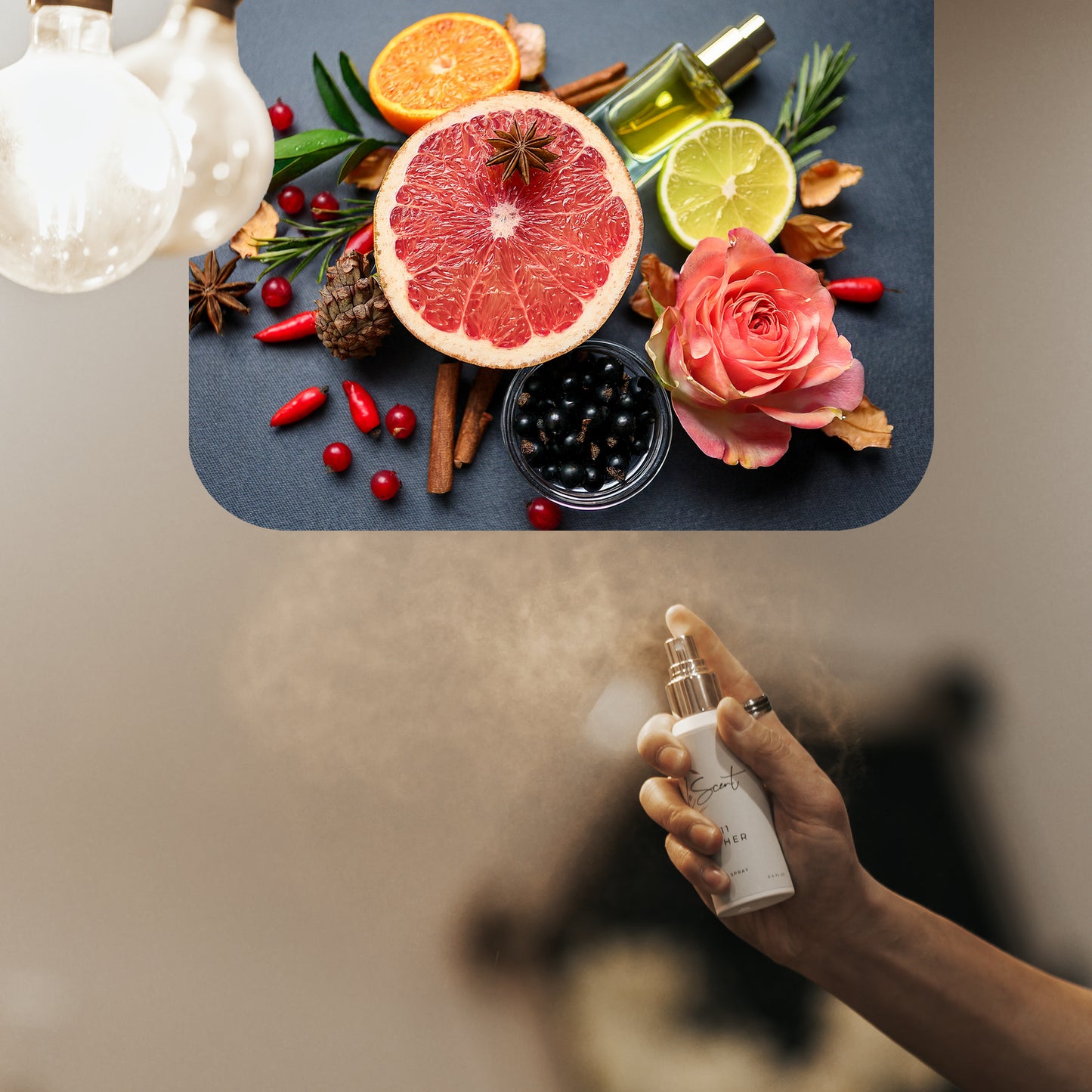 Spraying LeScent Absoluta home fragrance freshener mist beside grapefruit, lime, rose, and blackcurrant berries on a dark background, inspired by Creed Aventus Absolu.