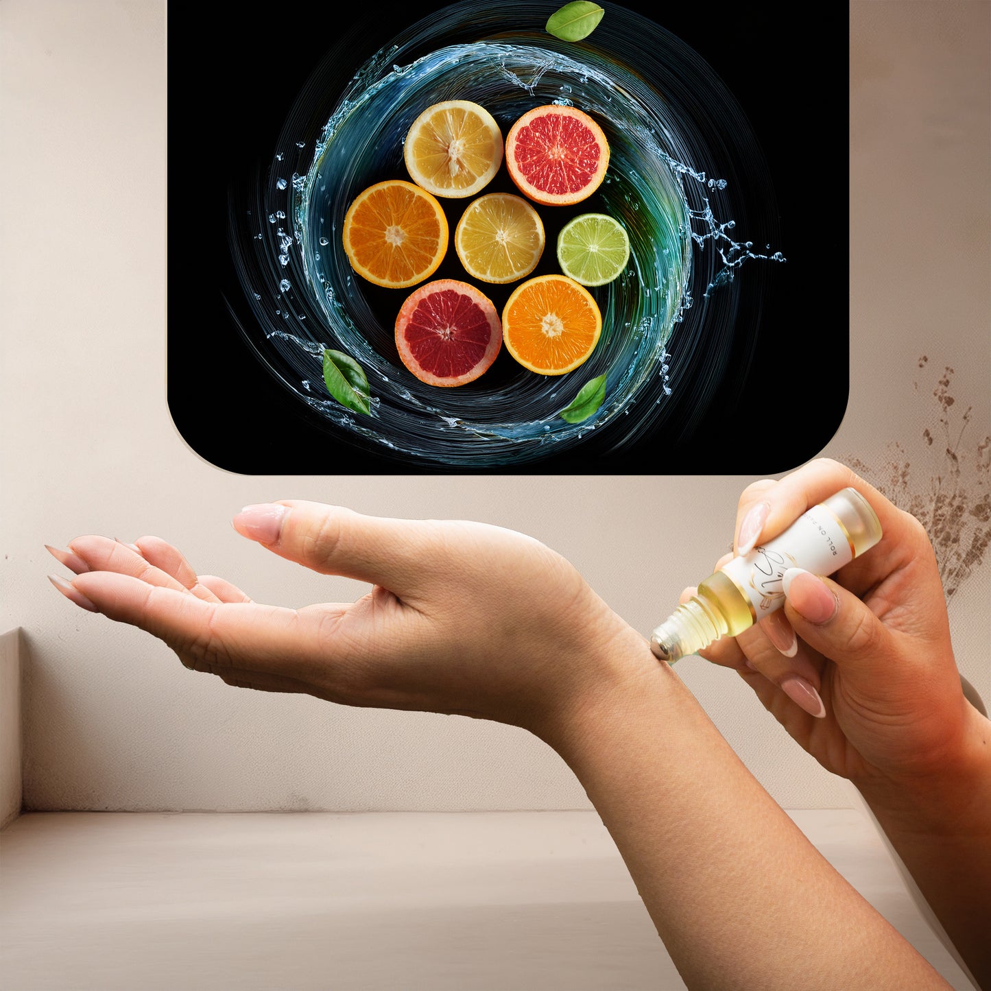 Applying LeScent Agwa roll-on perfume oil on wrist beside citrus slices, lime, grapefruit, and flowing water swirl, inspired by Armani Acqua Di Gio Profondo.