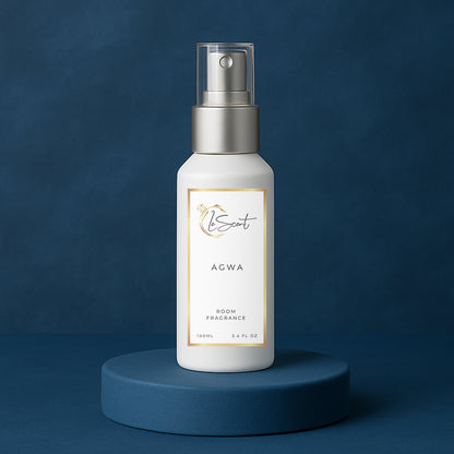 LeScent Agwa room fragrance spray bottle standing on a navy platform with clean blue background and subtle wave texture, inspired by Armani Acqua Di Gio Profondo.