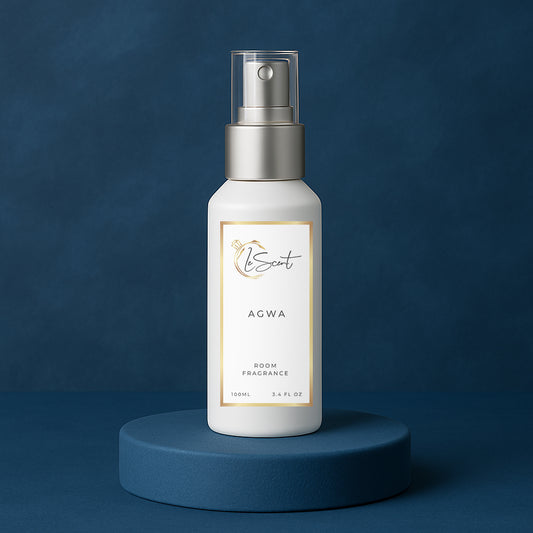 LeScent Agwa room fragrance spray bottle standing on a navy platform with clean blue background and subtle wave texture, inspired by Armani Acqua Di Gio Profondo.