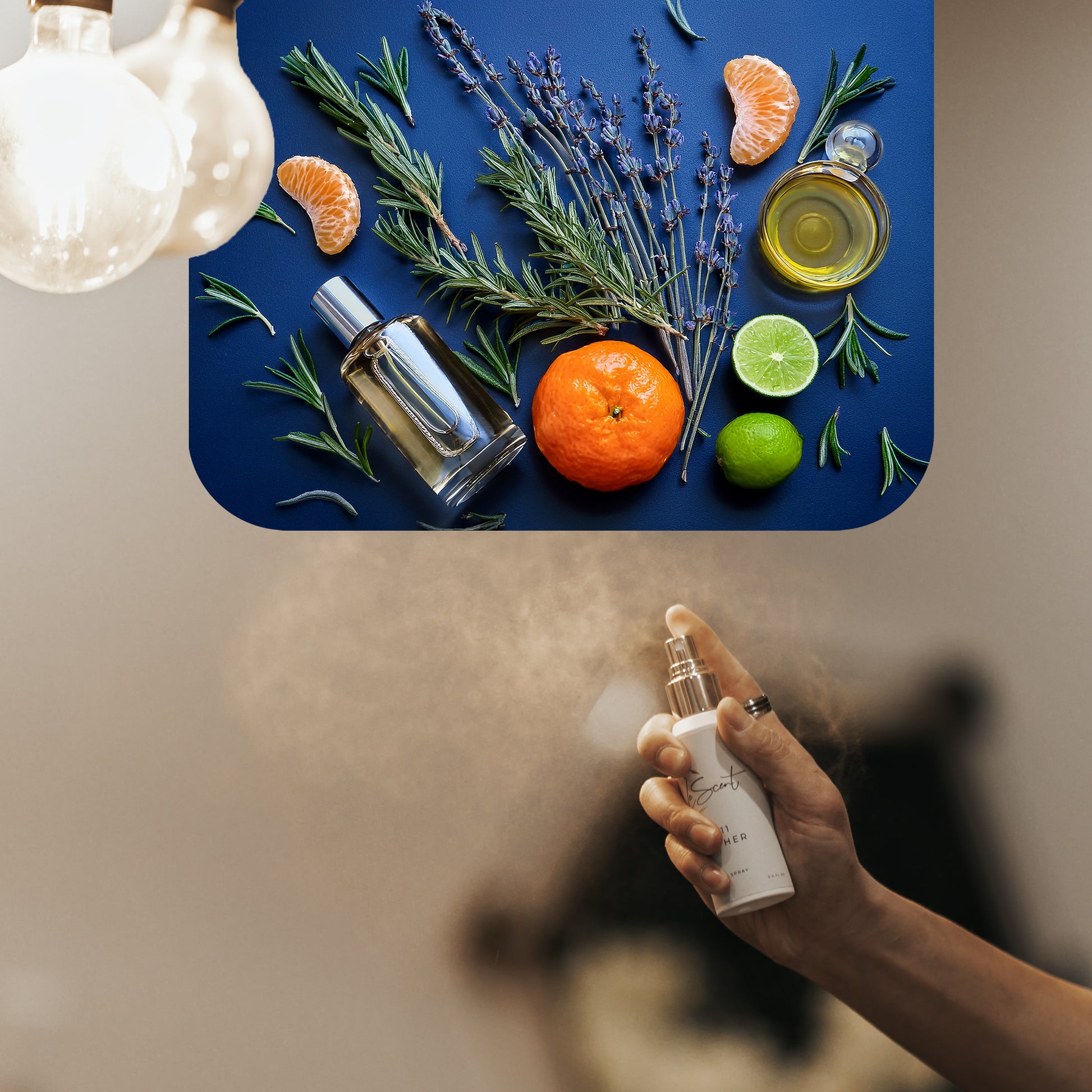 Spraying LeScent Agwa home fragrance freshener mist beside mandarin, lime, lavender, and rosemary on a deep blue surface, inspired by Armani Acqua Di Gio Profondo.
