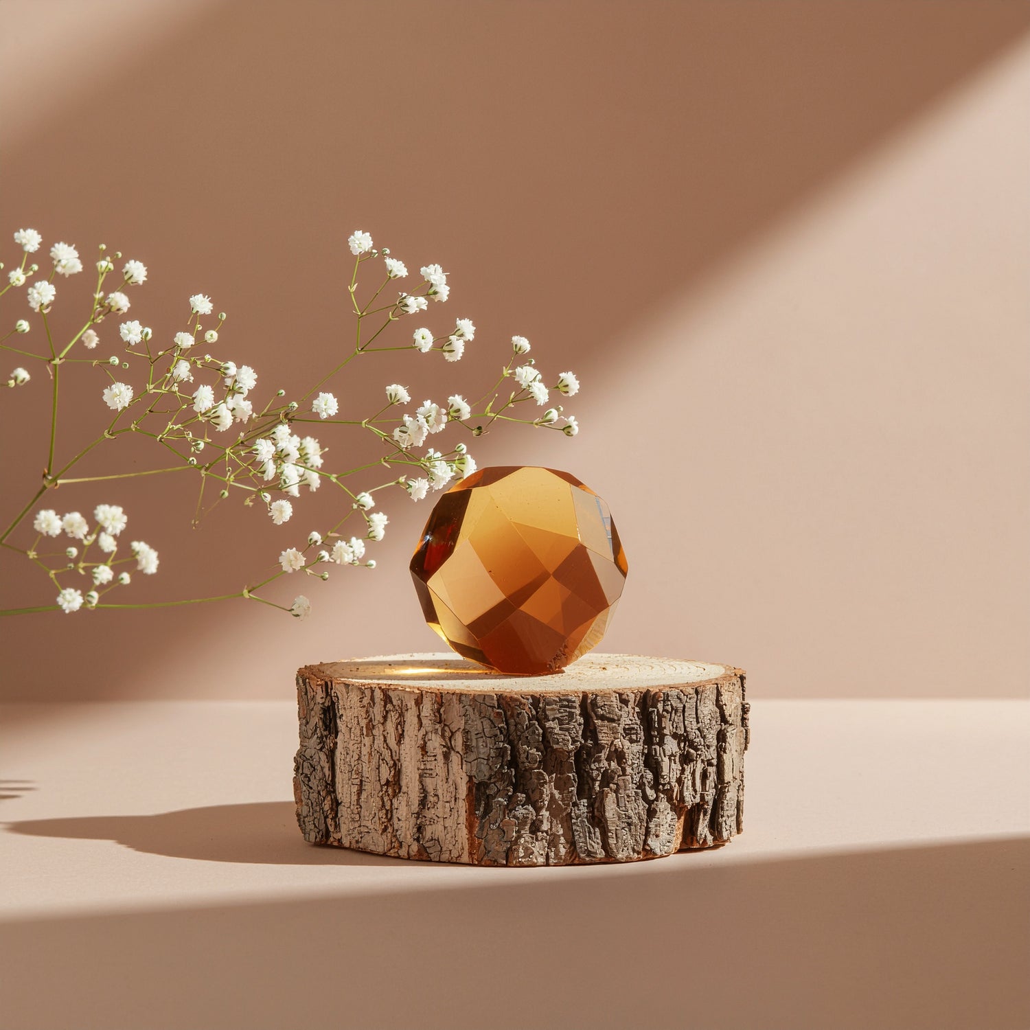 Amber gemstone placed on wood beside baby’s breath flowers, showcasing LeScent’s blend of nature and artistry.