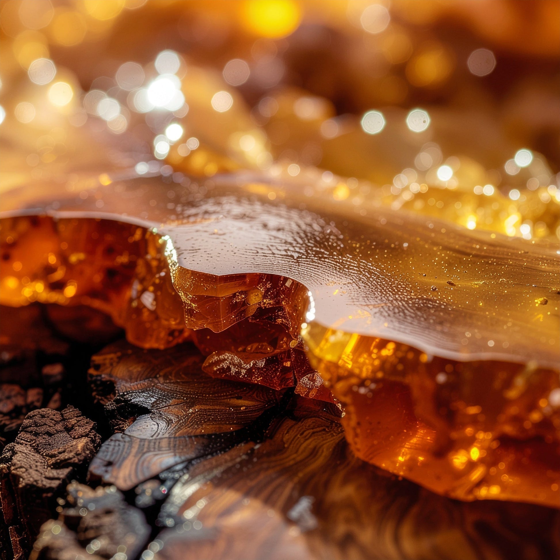 Macro shot of golden amber resin on wood, highlighting the natural depth and warmth of LeScent’s amber-inspired fragrance base.
