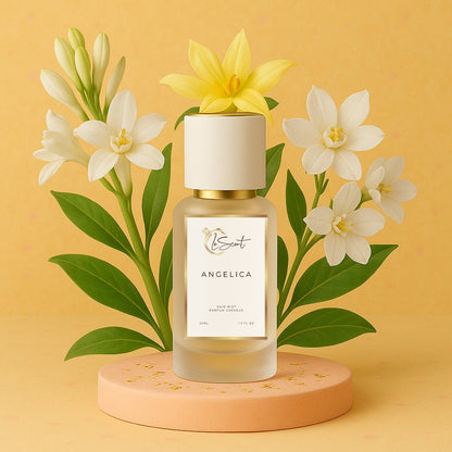LeScent Angelica hair perfume mist bottle surrounded by yellow and white jasmine blossoms with green leaves on a peach platform, inspired by Yves Saint Laurent Supreme Bouquet.