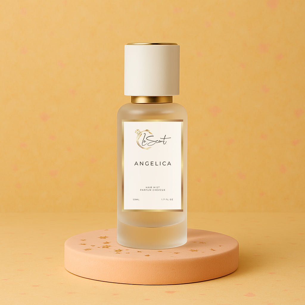 LeScent Angelica hair fragrance mist bottle displayed on a peach pedestal with soft golden lighting and warm beige background, inspired by Yves Saint Laurent Supreme Bouquet.