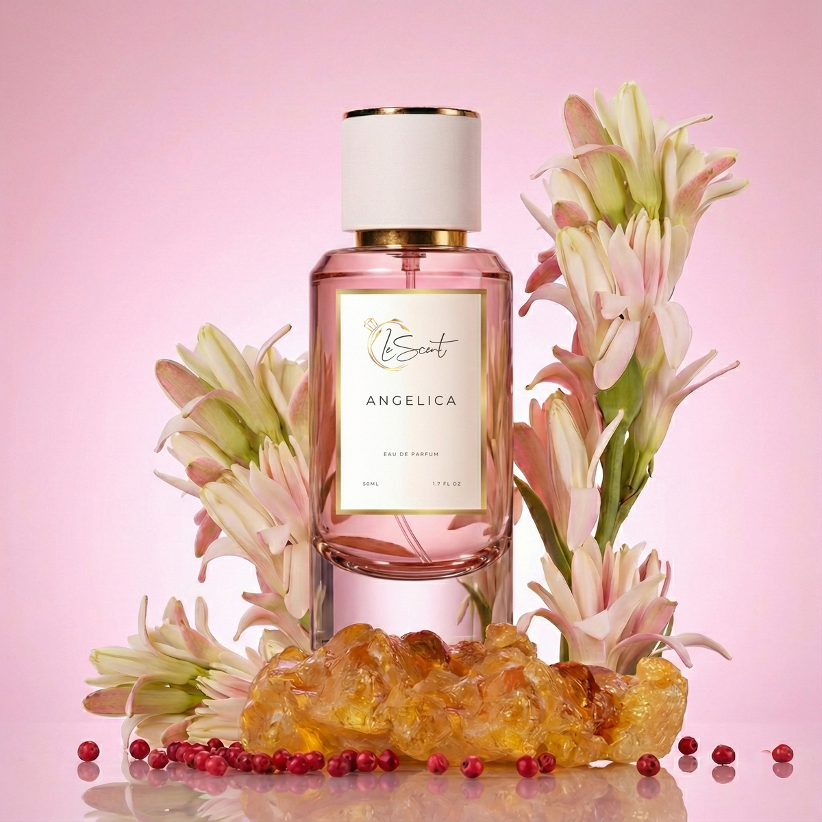 LeScent Angelica inspired perfume bottle surrounded by pink and white flowers, resin crystals, and pink peppercorns on a soft pink background. Inspired by YSL Supreme Bouquet.