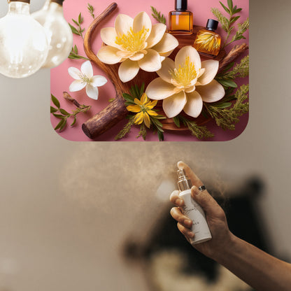 Spraying LeScent Angelica home fragrance freshener mist beside floral perfume bottles and yellow blossoms on a pink surface, inspired by Yves Saint Laurent Supreme Bouquet.