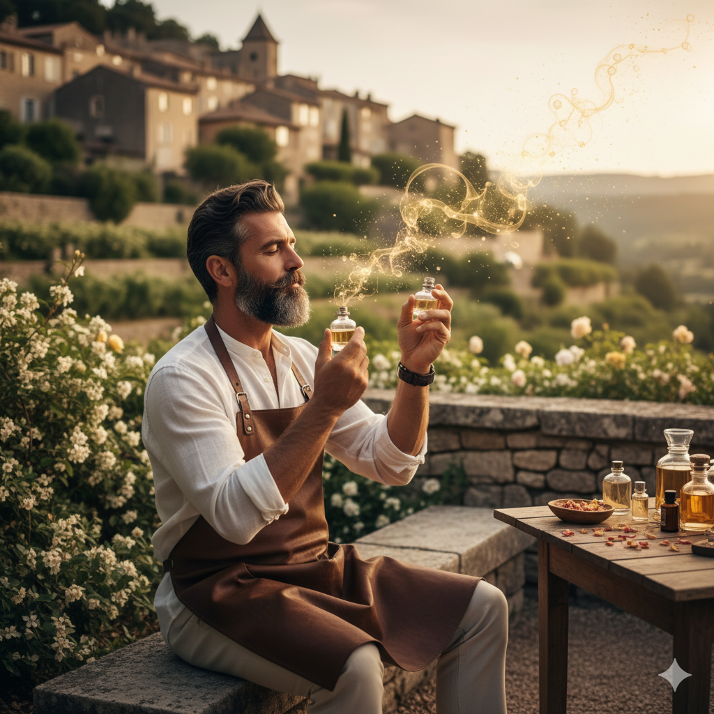 An artisan perfumer in a leather apron sitting in a garden, holding two bottles as magical golden fragrance swirls out, representing handcrafted scents.
