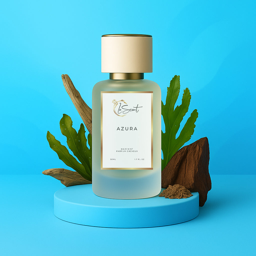 LeScent Azura hair perfume mist bottle surrounded by fresh green coastal leaves, natural driftwood pieces, and warm earthy elements against a vivid blue backdrop, inspired by Tom Ford Costa Azzurra.