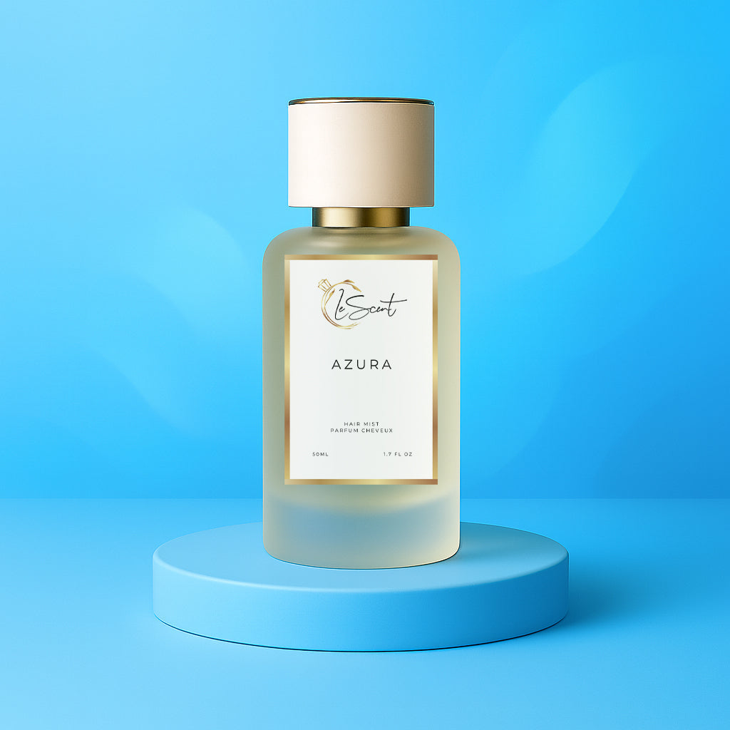LeScent Azura hair fragrance mist bottle placed on a bright blue pedestal with a clear sky-blue background and soft gradient lighting, inspired by Tom Ford Costa Azzurra.