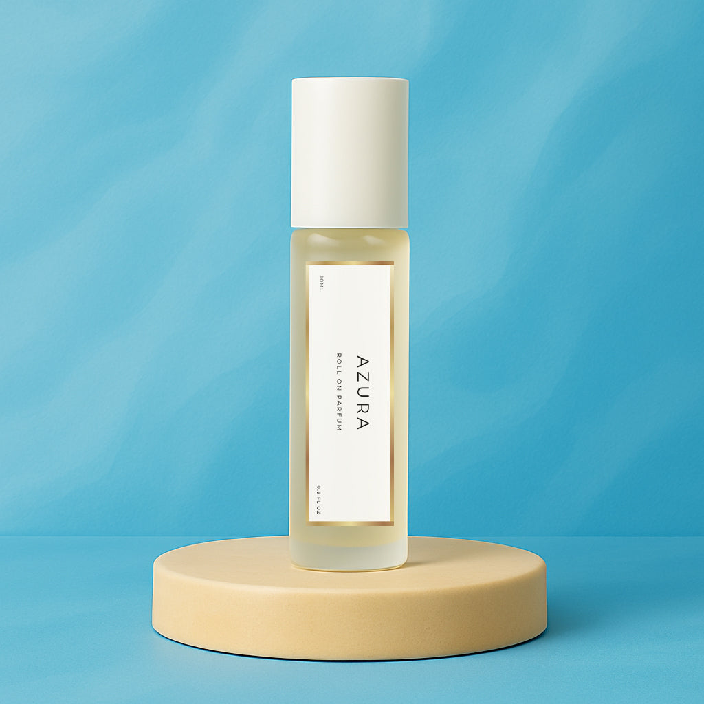 LeScent Azura roll-on perfume oil bottle displayed on a soft beige pedestal with a bright aqua blue background and clean studio lighting, inspired by Tom Ford Costa Azzurra.