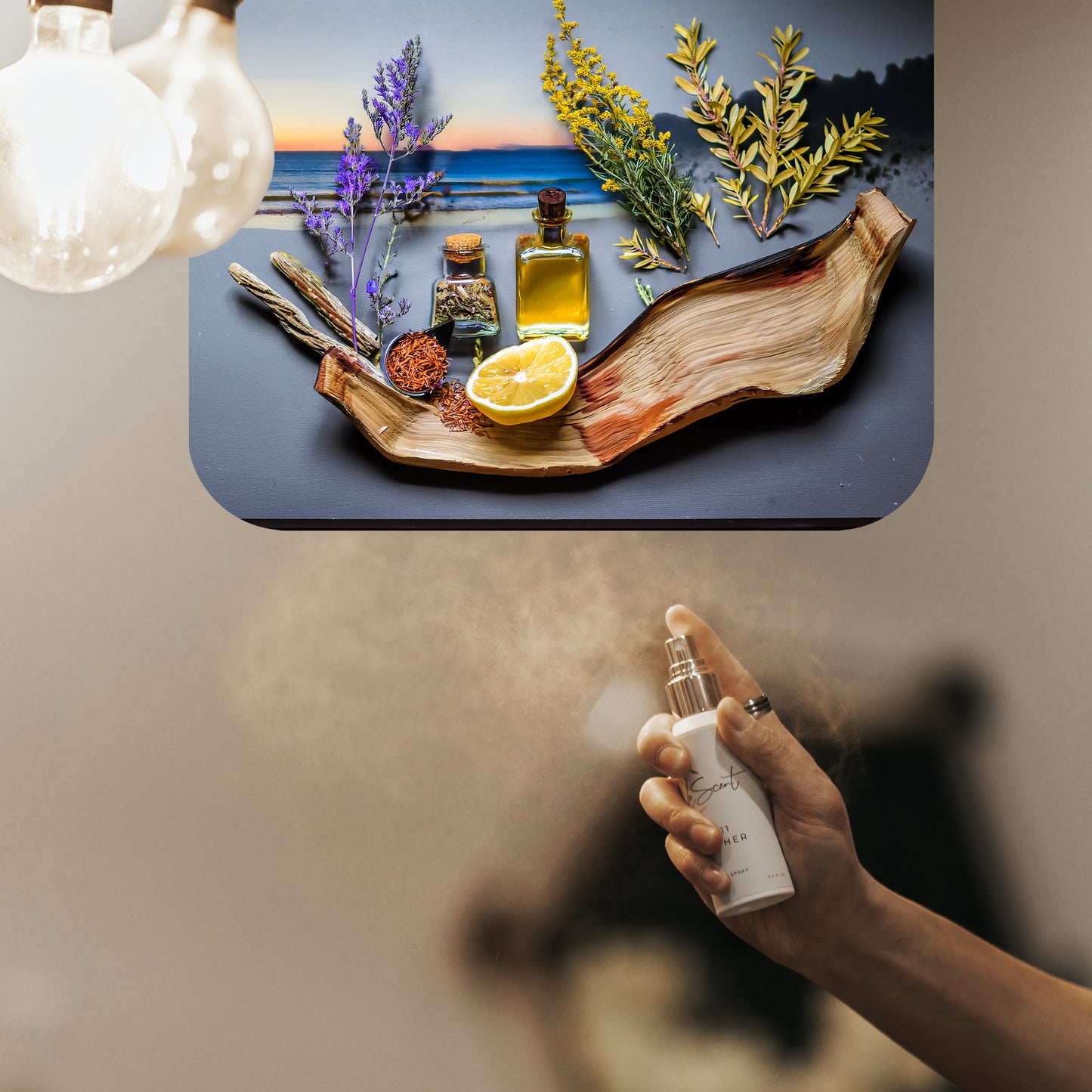 Spraying LeScent Azura home fragrance freshener mist beneath a coastal moodboard showcasing lemon, dried herbs, driftwood, seaside florals, and a sunset ocean scene, inspired by Tom Ford Costa Azzurra.