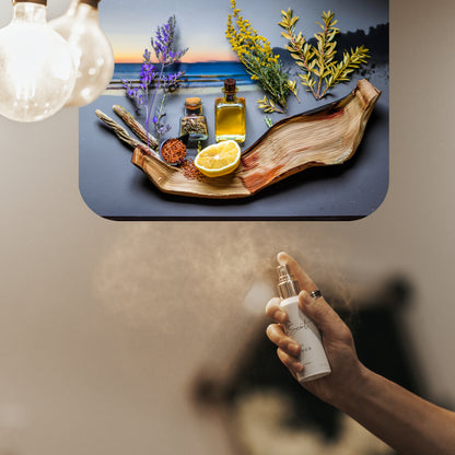 Spraying LeScent Azura home fragrance freshener mist beneath a coastal moodboard showcasing lemon, dried herbs, driftwood, seaside florals, and a sunset ocean scene, inspired by Tom Ford Costa Azzurra.