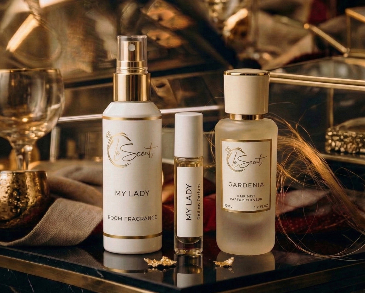 LeScent best sellers featuring room fragrance spray, roll on parfum and hair mist in a luxury editorial product lineup.