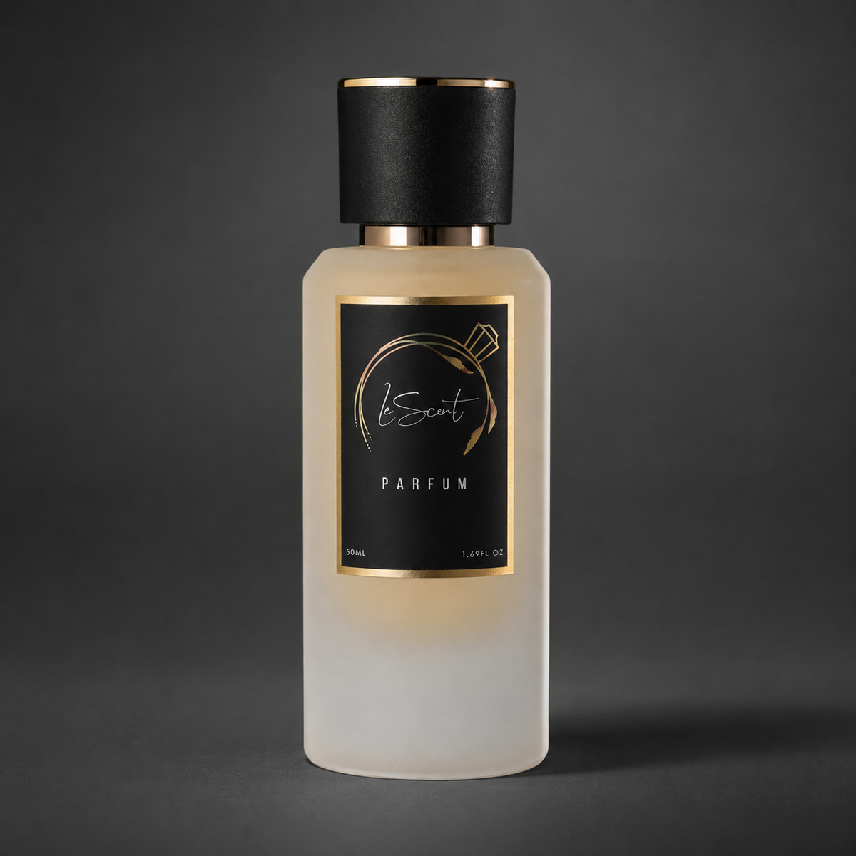 A frosted glass perfume bottle with a matte black cap and a black label featuring gold accents and the brand name 'bScent PARFUM'.