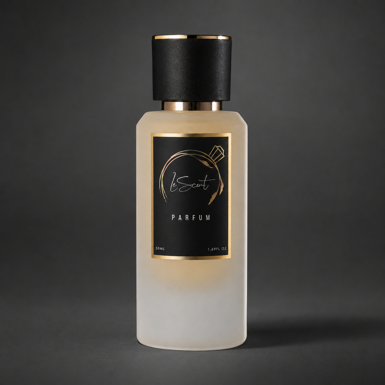 A frosted glass perfume bottle with a matte black cap and a black label featuring gold accents and the brand name 'bScent PARFUM'.