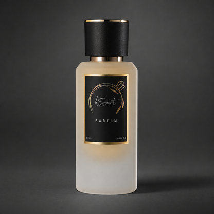 A frosted glass perfume bottle with a matte black cap and a black label featuring gold accents and the brand name 'bScent PARFUM'.
