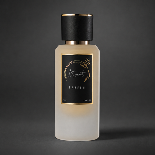 A frosted glass perfume bottle with a matte black cap and a black label featuring gold accents and the brand name 'bScent PARFUM'.