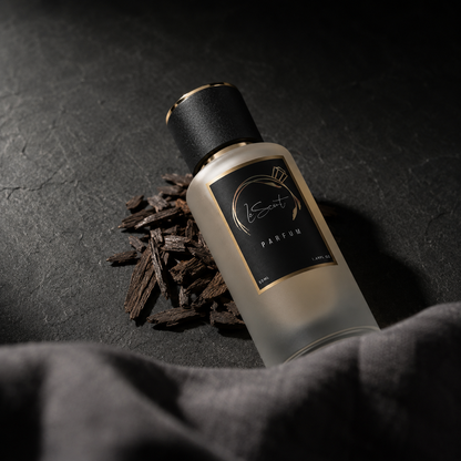 A frosted glass perfume bottle with a black cap and a black label featuring gold lettering, styled on a dark textured surface next to dark wood chips and draped dark gray fabric.