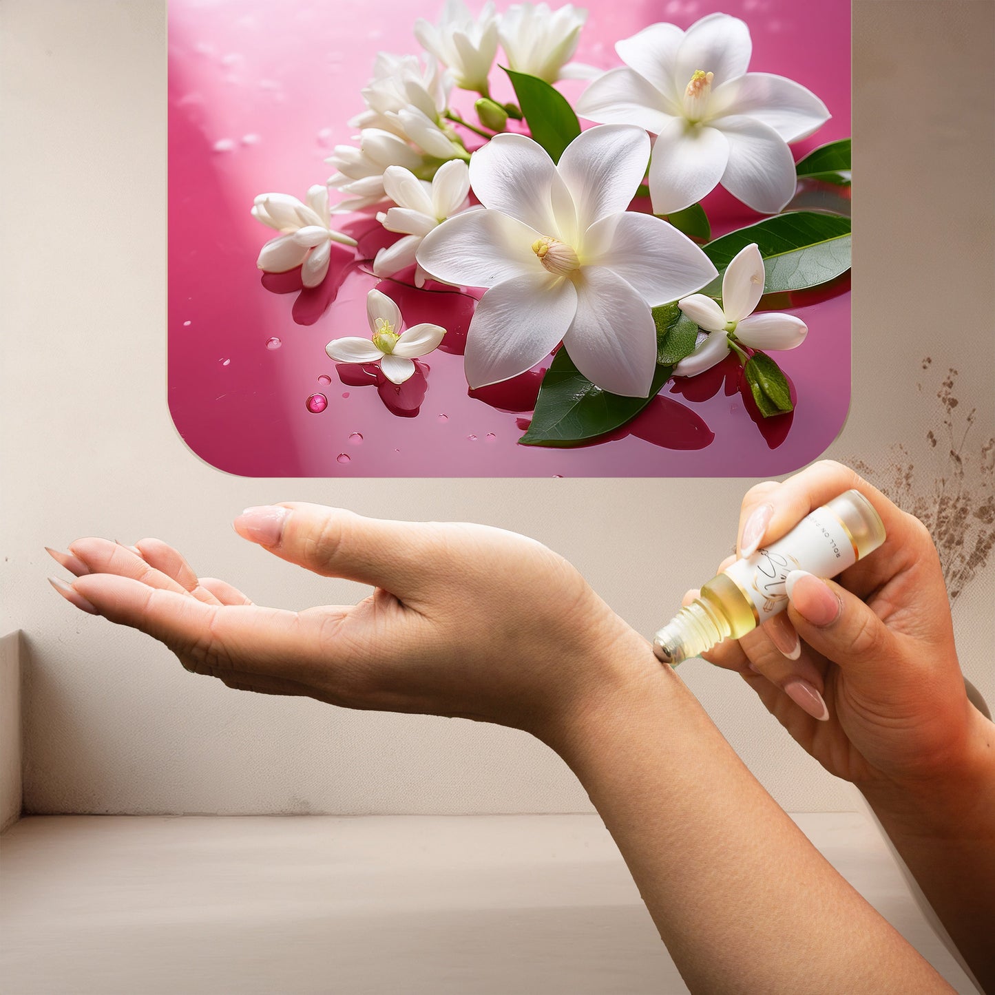 Applying LeScent Blossom perfume oil roll-on inspired by Gucci Bloom — rich white floral notes of jasmine for a luxurious and elegant feeling.