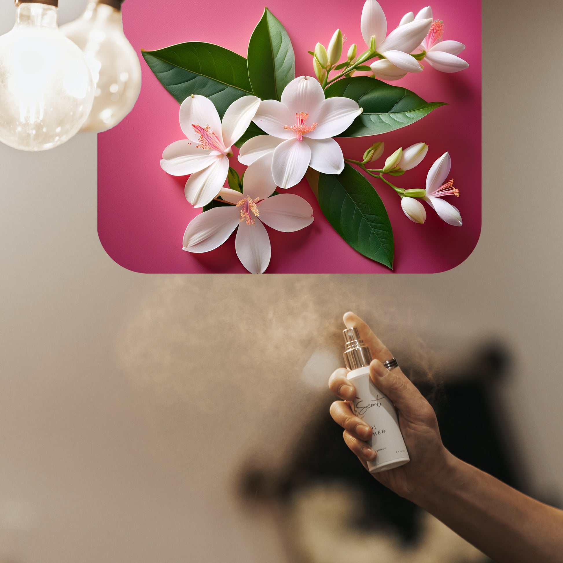 Spraying LeScent Blossom room spray inspired by Gucci Bloom — lush white floral home fragrance freshener mist with tuberose and jasmine accords.