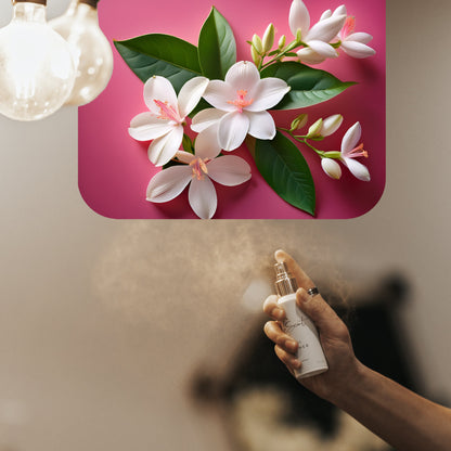 Spraying LeScent Blossom room spray inspired by Gucci Bloom — lush white floral home fragrance freshener mist with tuberose and jasmine accords.