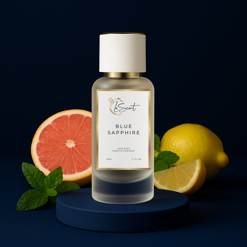 LeScent Blue Sapphire hair perfume mist with ingredient notes of fresh grapefruit, lemon, and mint, an aromatic citrus fragrance inspired by Bleu De Chanel EDP.