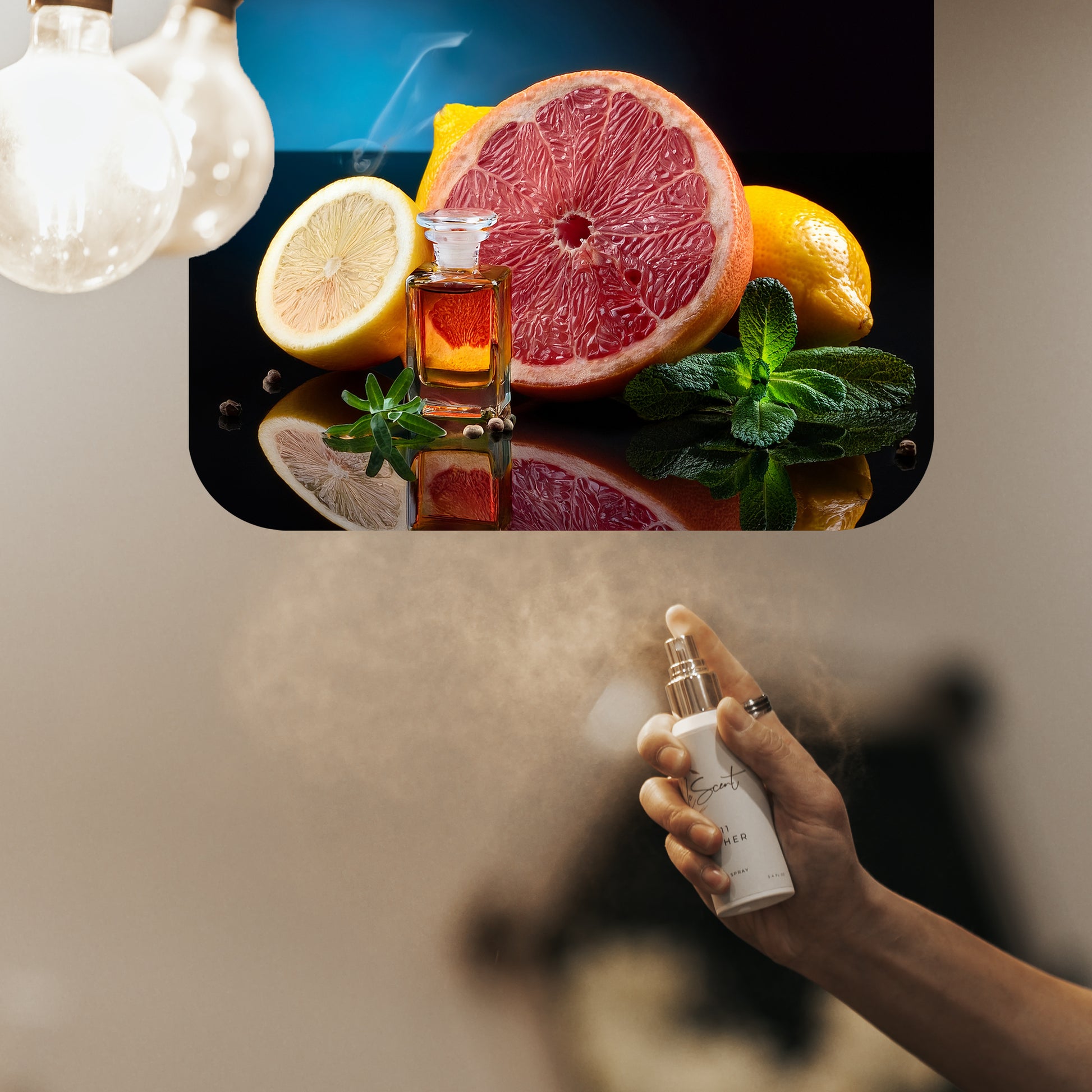 Spraying LeScent Blue Sapphire home fragrance air freshener, a crisp aromatic scent with grapefruit, lemon, and mint accords, inspired by Bleu De Chanel EDP.