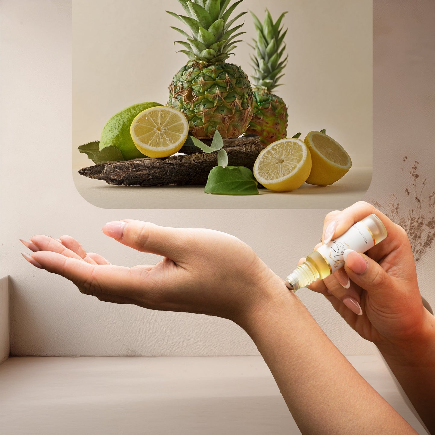 Applying LeScent Bonaparte Roll On Perfume Oil inspired by Creed Aventus — vibrant blend of pineapple, birch and musk creating a refined woody-citrus finish on skin.