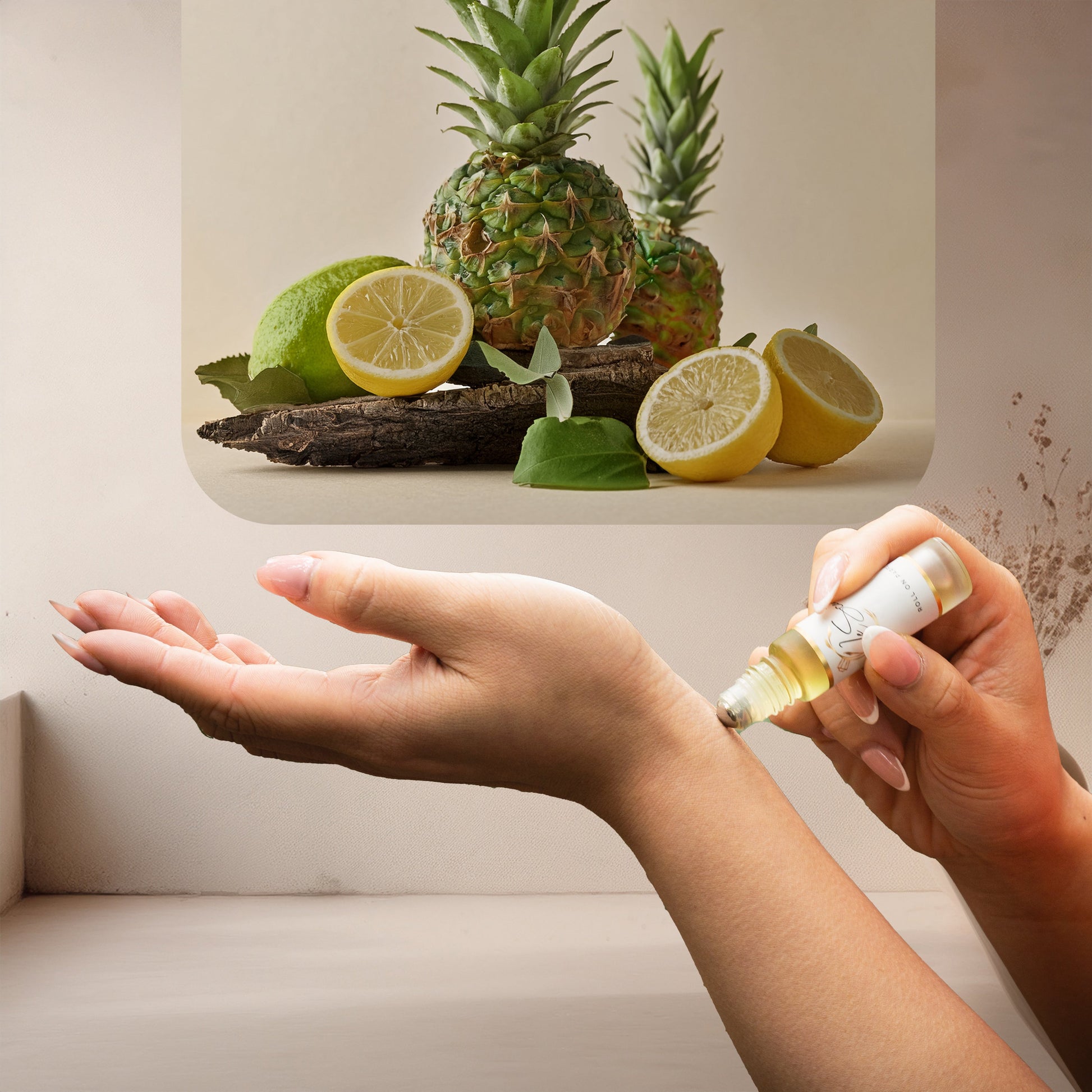 Applying LeScent Bonaparte Roll On Perfume Oil inspired by Creed Aventus — vibrant blend of pineapple, birch and musk creating a refined woody-citrus finish on skin.