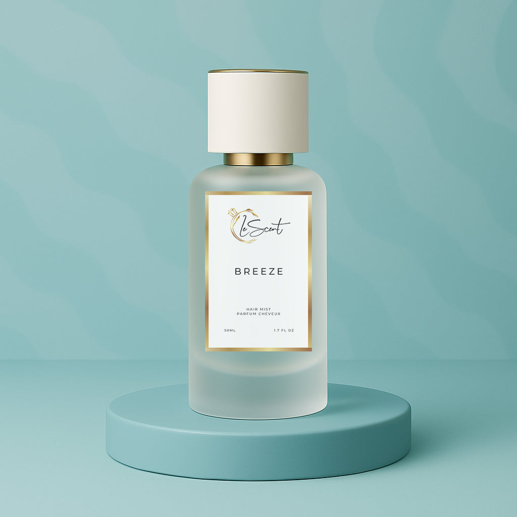 LeScent Breeze hair fragrance mist bottle on a pastel aqua platform with fresh citrus tones and elegant light blue background, inspired by Louis Vuitton Imagination.