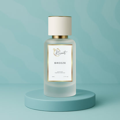 LeScent Breeze hair fragrance mist bottle on a pastel aqua platform with fresh citrus tones and elegant light blue background, inspired by Louis Vuitton Imagination.