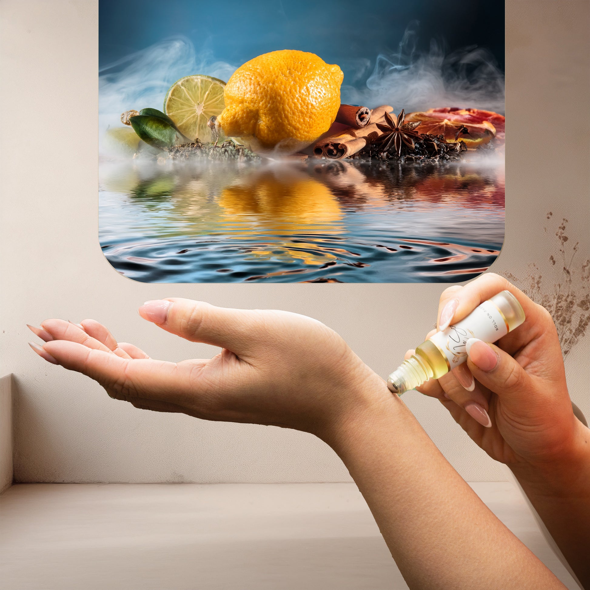Applying LeScent Breeze roll-on perfume oil beside lemon, lime, cinnamon, and star anise surrounded by mist and cool water reflections, inspired by Louis Vuitton Imagination.