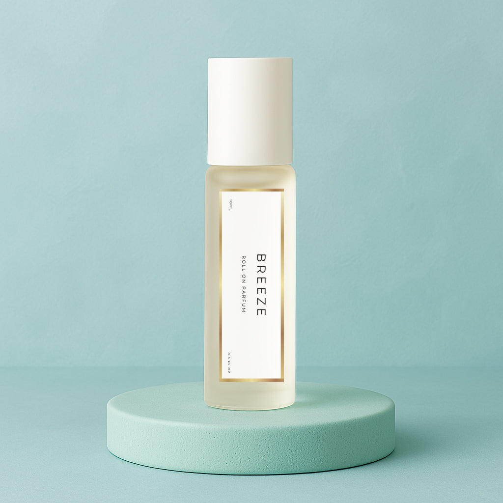 LeScent Breeze roll-on perfume oil bottle on a smooth aqua pedestal with soft teal background and gentle morning light, inspired by Louis Vuitton Imagination.