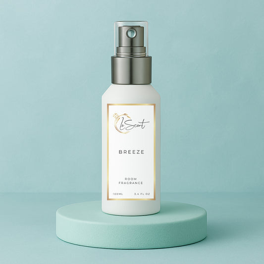 LeScent Breeze room fragrance spray bottle placed on a mint green pedestal with soft teal backdrop and clean minimalist lighting, inspired by Louis Vuitton Imagination.