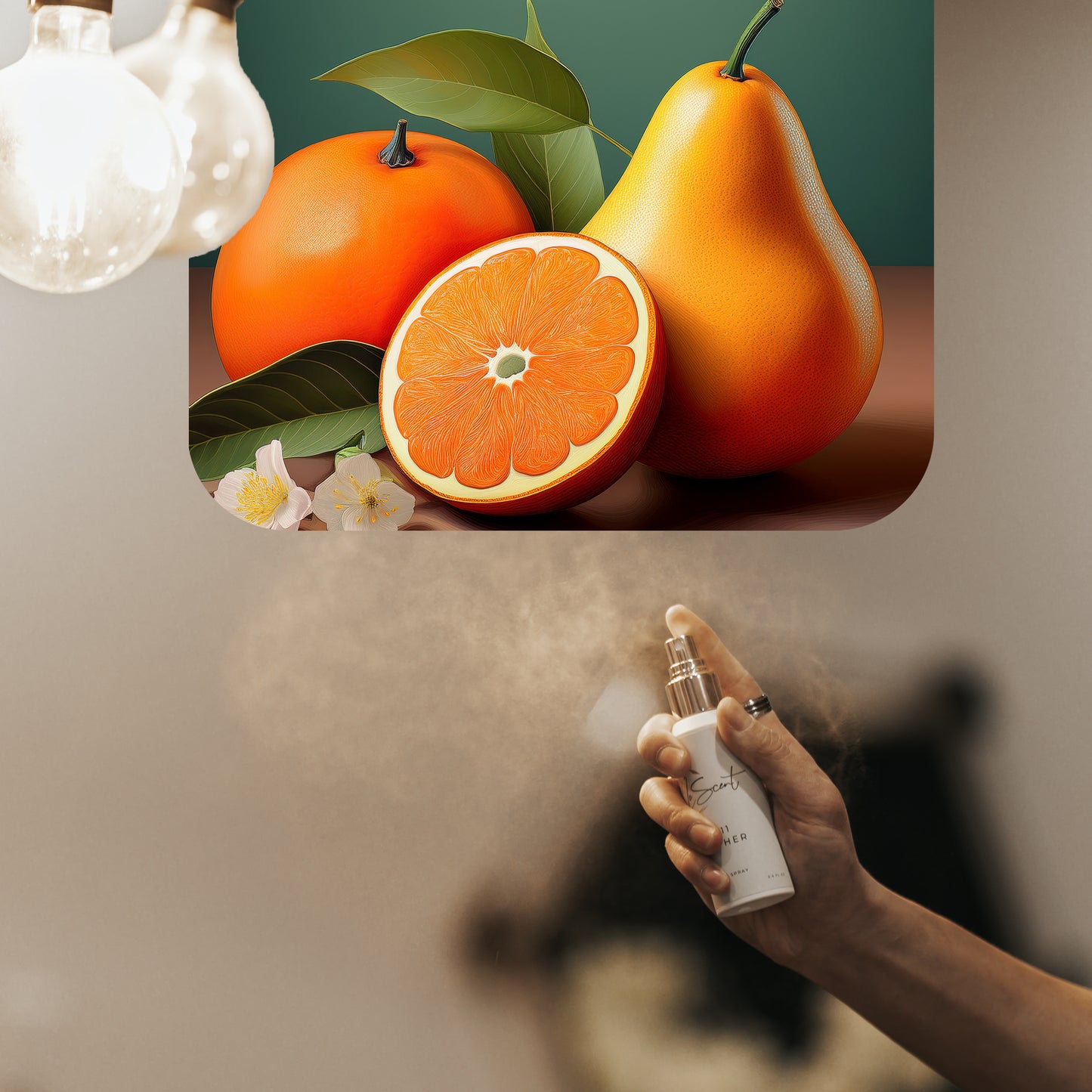 Spraying LeScent Cali Love room spray inspired by Louis Vuitton California Dream — citrus home fragrance freshener mist with pear, orange and floral notes for a dreamy atmosphere.