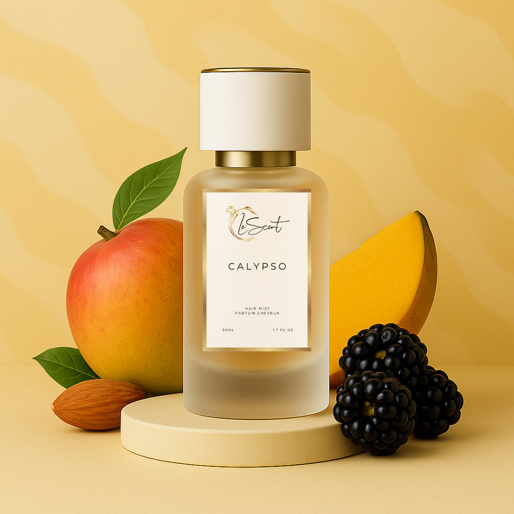LeScent Calypso hair perfume mist bottle styled with decorative fruity and floral elements on a soft yellow pedestal against a warm illustrated backdrop, inspired by Vilhelm Parfumerie Mango.