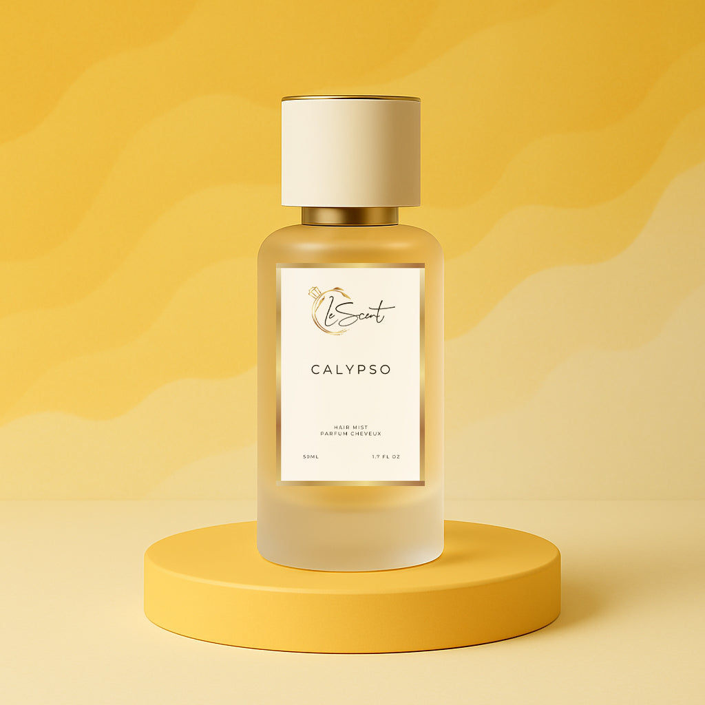 LeScent Calypso hair fragrance mist bottle on a warm yellow pedestal with a soft patterned backdrop and smooth studio lighting, inspired by Vilhelm Parfumerie Mango.