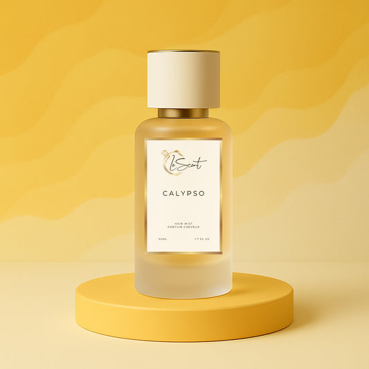 LeScent Calypso hair fragrance mist bottle on a warm yellow pedestal with a soft patterned backdrop and smooth studio lighting, inspired by Vilhelm Parfumerie Mango.
