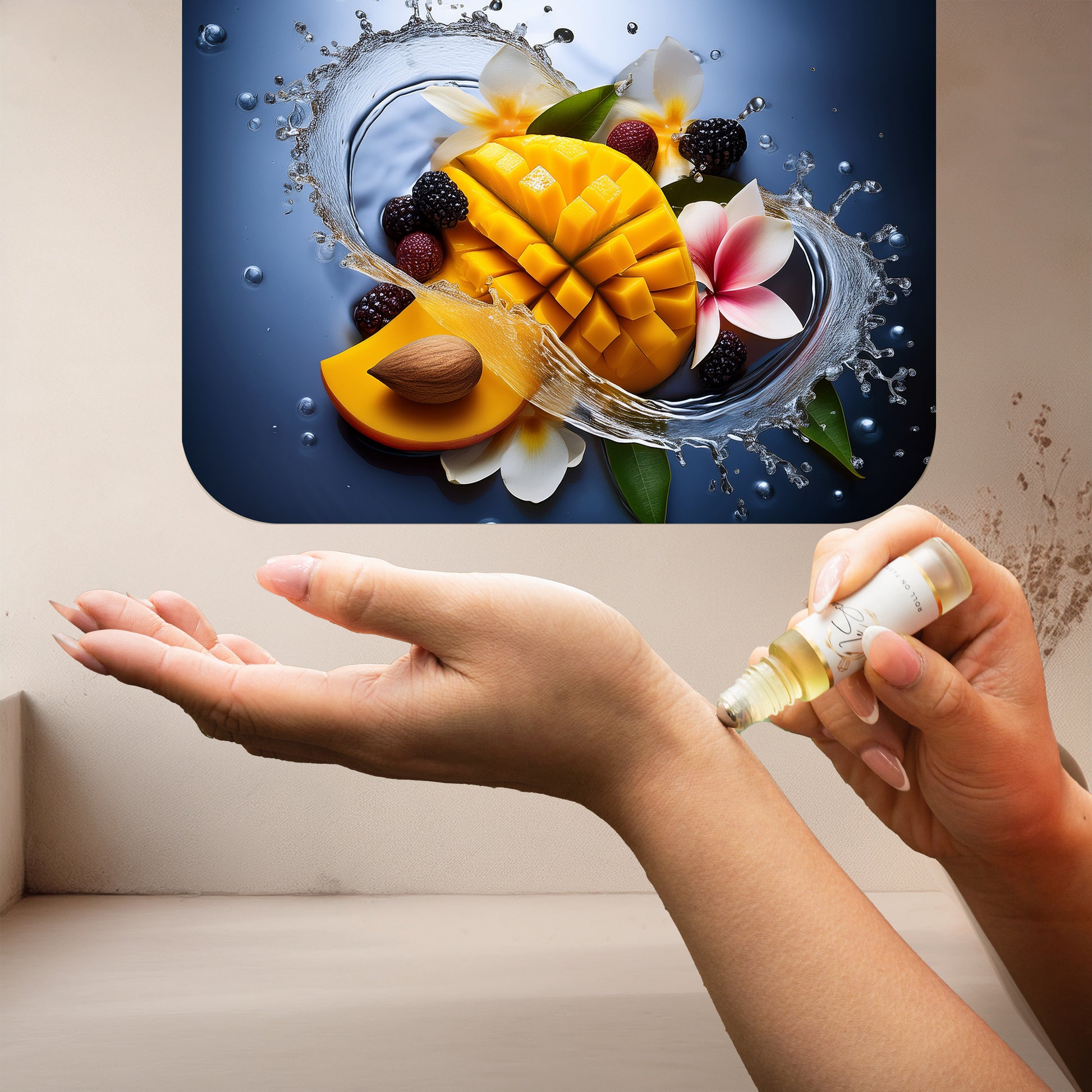 Applying LeScent Calypso roll-on perfume oil onto the wrist with a warm neutral backdrop and a vivid artistic mango-inspired display above, inspired by Vilhelm Parfumerie Mango.