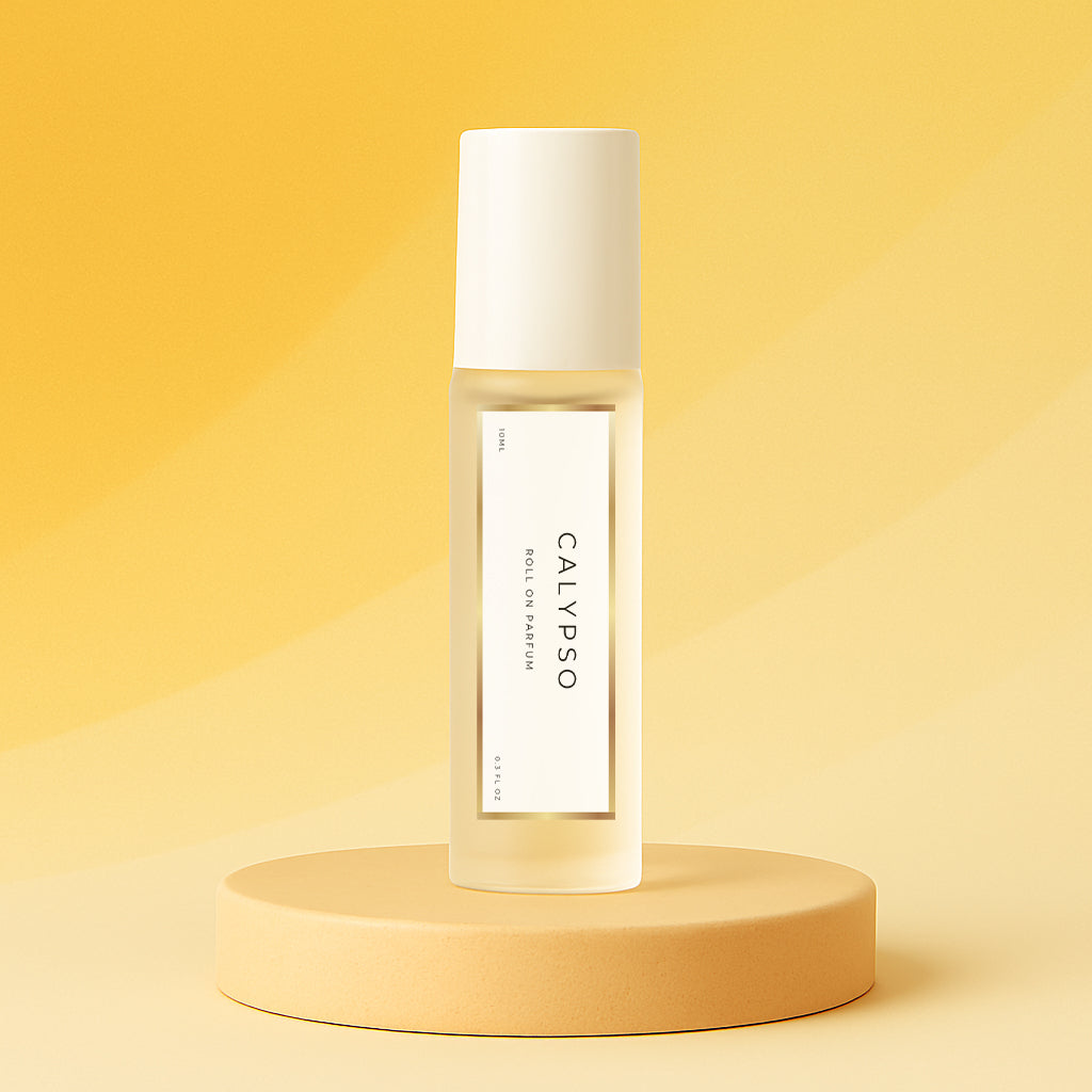 LeScent Calypso roll-on perfume oil bottle standing on a smooth pastel-yellow pedestal with a bright citrus-toned background and soft studio lighting, inspired by Vilhelm Parfumerie Mango.
