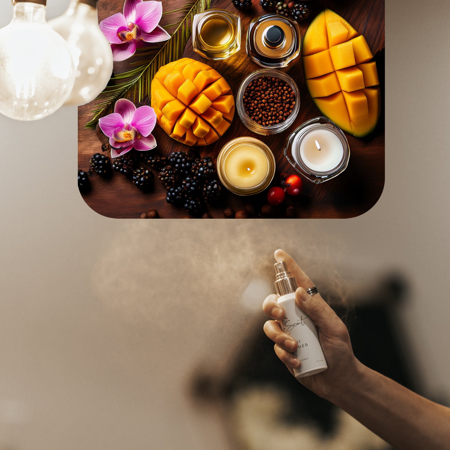 Spraying LeScent Calypso home fragrance freshener mist beneath a vibrant fragrance mood display featuring tropical-inspired visuals, inspired by Vilhelm Parfumerie Mango.