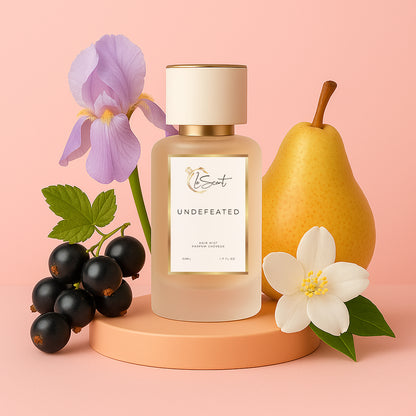 LeScent C’est La Vie hair perfume mist and hair fragrance bottle with pear, iris flower, blackcurrant berries and white blossom arranged as visual ingredients behind it, inspired by Lancôme La Vie Est Belle.