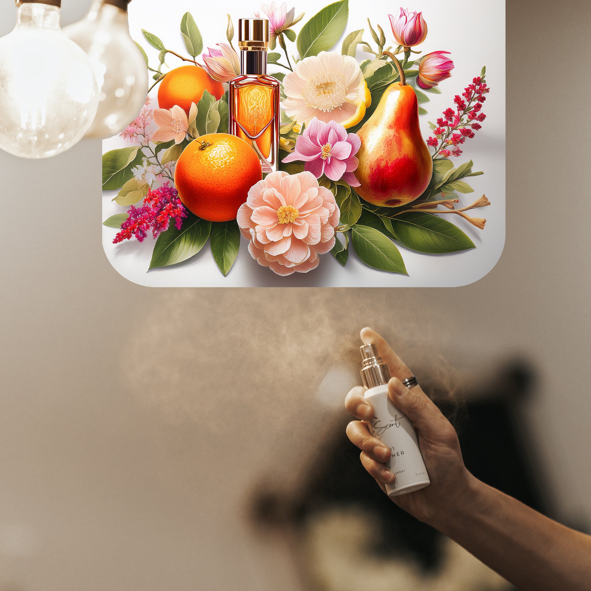 LeScent C’est La Vie room spray freshener mist spraying into the air with pear, oranges, camellia flowers and assorted petals visually displayed above, luxury room fragrance and home freshener inspired by Lancôme La Vie Est Belle.